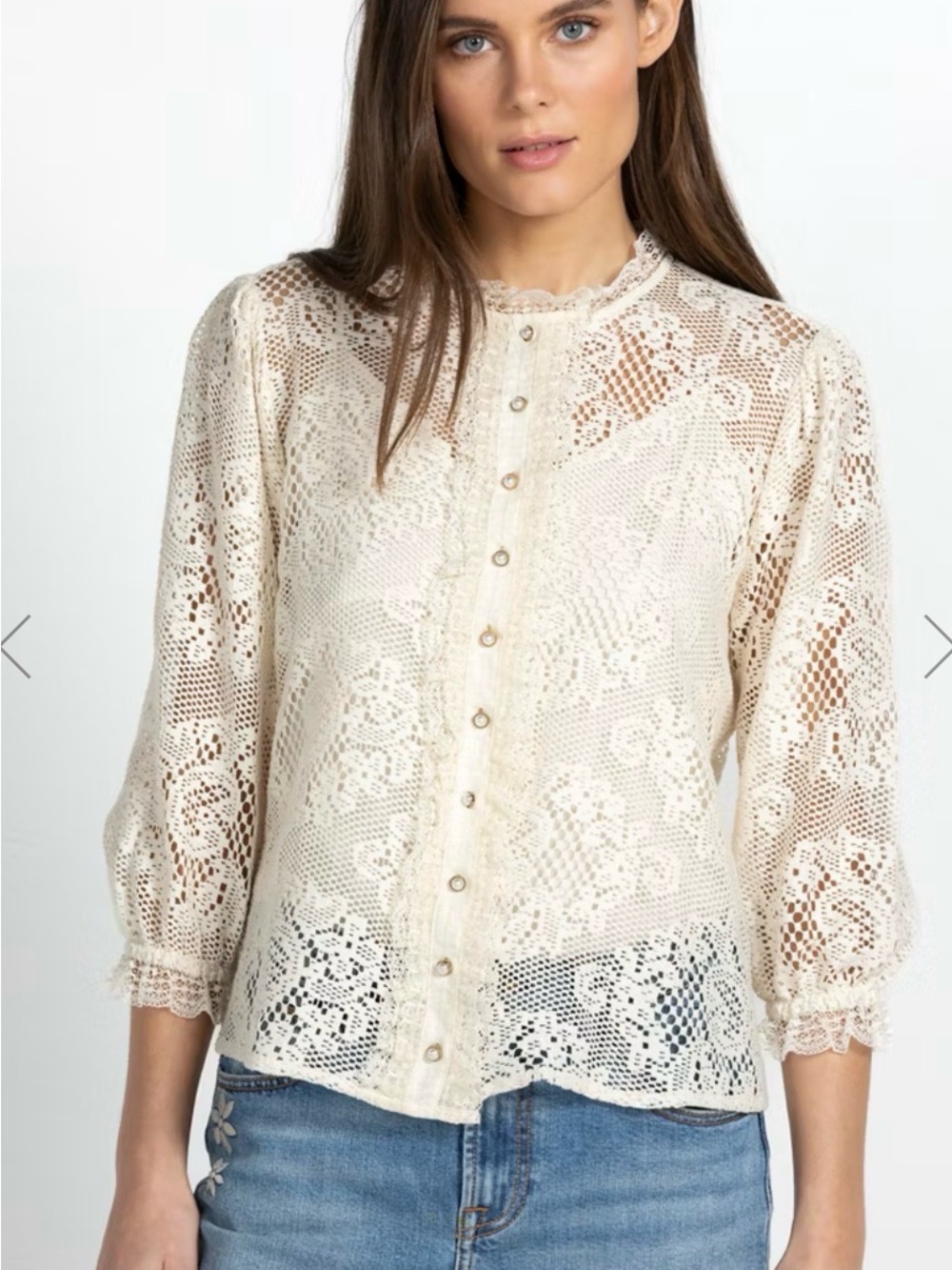 Johnny Was Ivory Crochet Lace Ruffle Pearl Button Blouse M Boho Romantic